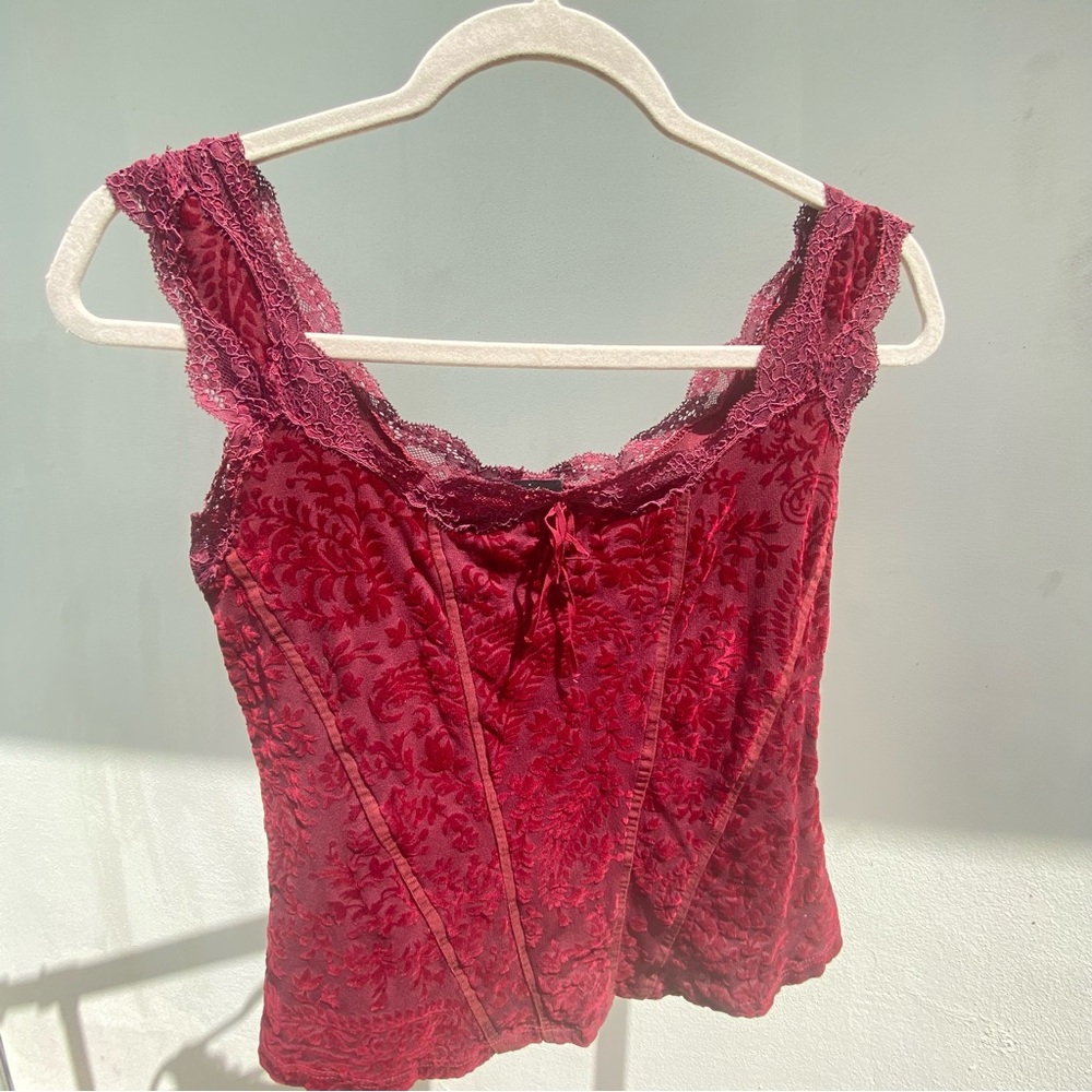 Y2K Ann Ferriday Burgundy Floral Burnout Velvet & Lace Top One Size